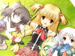  3girls black_hair blonde_hair book brown_eyes dress game_cg glasses karen_(triptych) laughing long_hair multiple_girls natsuki_(triptych) necktie nimura_yuuji plaid plaid_skirt punk red_eyes ribbon riona_(triptych) skirt sleeping triptych twintails white_hair 