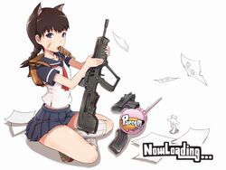  animal_ears assault_rifle backpack bag bandaid bandaid_on_face blue_eyes blue_sailor_collar blue_skirt blush braid brown_bag brown_footwear brown_hair bullet_hole bullpup candy cat_ears commentary_request female flying_paper food food_in_mouth full_body gun holding holding_gun holding_weapon ina_(gokihoihoi) indian_style iwi_tavor legs loading_screen lollipop looking_at_viewer looking_to_the_side mac-10/11 magazine_(weapon) midriff_peek millie_(paper_man) miniskirt mouth_hold neckerchief optical_sight oversized_food oversized_object paper paper_man papers pleated_skirt purple_eyes red_neckerchief rifle sailor_collar school_uniform serafuku shirt shoes short_sleeves sitting skirt socks solo striped_clothes striped_socks submachine_gun vertical-striped_clothes vertical-striped_socks weapon white_background white_shirt white_socks 