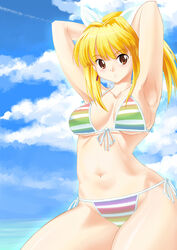  animal_ears armpits bikini blonde_hair breasts brown_eyes commentary_request day female front-tie_top long_hair marin_(umi_monogatari) photoshop_(medium) ponytail side-tie_bikini_bottom solo string_bikini striped_bikini striped_clothes swimsuit umi_monogatari zouzou 