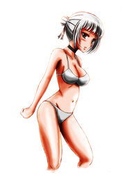  bad_id bad_pixiv_id bikini black_eyes breasts choker female hair_bun large_breasts original photoshop_(medium) short_hair silver_hair simple_background single_hair_bun solo swimsuit wakame white_background white_bikini 