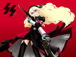  big_hair black_dress black_thighhighs blonde_hair blue_eyes cross die_starke_ss dress dual_wielding female garter_belt glasses gloves gun gunblade handgun head_tilt holding iron_cross legs_apart long_hair looking_at_viewer nazi ootsuka_mahiro red_background sigrunen simple_background smile solo ss_insignia standing swastika thighhighs weapon wing_collar 