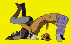  2boys bad_id bad_pixiv_id german_suplex male_focus multiple_boys nite_owl rorschach simple_background superhero_costume suplex uso_(stsksyc) watchmen wrestling yellow_background 