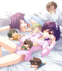  2boys allelujah_haptism brown_hair chibi closed_eyes commentary_request eyepatch green_hair gundam gundam_00 innovators_(gundam_00) legs lockon_stratos lying lyle_dylandy multiple_boys neil_dylandy no_pants on_back on_stomach open_mouth otoko_no_ko purple_eyes purple_hair red_eyes regene_regetta ribbons_almark saliva setsuna_f._seiei sleeping takitsume_shino tieria_erde 