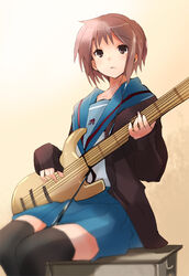  :&lt; bad_id bad_pixiv_id bass_guitar blue_sailor_collar blue_skirt brown_eyes brown_hair cardigan desk female instrument kita_high_school_uniform nagato_yuki photoshop_(medium) sailor_collar school_uniform serafuku short_hair skirt solo suzumiya_haruhi_no_yuuutsu taira_tsukune thighhighs tissue_princess winter_uniform 