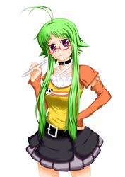  absurdres antenna_hair asu_no_yoichi bad_id bad_pixiv_id female flipped_hair glasses green_hair hand_on_own_hip highres ikaruga_chihaya photoshop_(medium) purple_eyes short_hair_with_long_locks sidelocks skirt solo wen_rou_xian_shu_wang_ling_xue_wang_jie_jie 