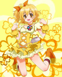  :d blonde_hair boots choker commentary_request cure_pine dress earrings female fresh_precure! hair_ornament heart heart_hair_ornament jewelry magical_girl open_mouth orange_choker peter_(gvb) precure short_hair skirt smile solo yamabuki_inori yellow_background yellow_skirt yellow_theme 