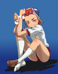  antenna_hair blue_background bracelet brown_footwear buruma capella_titis commentary_request crossed_ankles feet female full_body gym_uniform hajime_(caramel_toone) jewelry kneehighs loafers looking_at_viewer name_tag red_buruma red_eyes red_hair shoes short_hair short_sleeves single_shoe sitting socks solo tetsuwan_birdy_decode white_legwear 