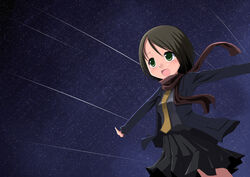  akeno_mihoshi bad_id bad_pixiv_id brown_hair coat female green_eyes necktie night night_sky outstretched_arms scarf school_uniform short_hair skirt sky solo sora_no_manimani spread_arms star_(sky) starry_sky tomcat 