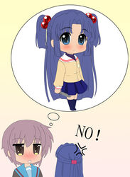  2girls achakura asakura_ryouko bad_id bad_pixiv_id blue_eyes blue_hair blue_sailor_collar blush cardigan chibi clannad cosplay english_text hair_bobbles hair_ornament hikarizaka_private_high_school_uniform ichinose_kotomi ichinose_kotomi_(cosplay) kita_high_school_uniform knife multiple_girls nagato_yuki parody photoshop_(medium) prinz_luzifer sailor_collar school_uniform serafuku suzumiya_haruhi-chan_no_yuuutsu suzumiya_haruhi_no_yuuutsu two_side_up winter_uniform 