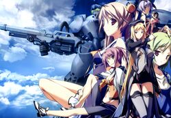  6+girls absurdres baldr_(series) baldr_sky bell black_eyes black_hair blonde_hair blue_eyes breasts cleavage cloud day green_hair gun hat highres kikuchi_seiji kirishima_rain light_purple_hair long_hair mecha medium_breasts midriff minazuki_makoto minazuki_sora multiple_girls nagisa_chinatsu necktie nishino_aki panties pantyshot pink_hair purple_eyes robot shadow_wolf shoes sky smile sneakers thighhighs underwear wakakusa_nanoha weapon white_panties 