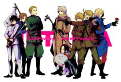  6+boys ahoge america_(hetalia) axis_powers_hetalia bad_id bad_pixiv_id belt black_eyes black_hair blonde_hair bomber_jacket boots brown_hair burger china_(hetalia) coat crossed_arms everyone faucet flag flower food france_(hetalia) germany_(hetalia) glasses gloves gun highres jacket japan_(hetalia) katana male_focus military military_uniform multiple_boys necktie northern_italy_(hetalia) open_mouth rose russia_(hetalia) sam_browne_belt scarf shinatty-chan smile sword todoroki_sora uniform united_kingdom_(hetalia) weapon white_flag world_war_ii 