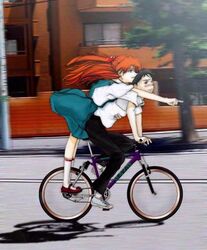  1boy artist_request bicycle blush city female from_side ikari_shinji leaning_forward leaning_on_person multiple_riders neon_genesis_evangelion outstretched_arm pillion pointing red_hair riding school_uniform souryuu_asuka_langley standing 