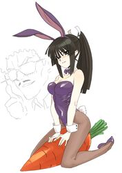  1boy animal_ears bad_id bad_pixiv_id black_hair breasts carrot cleavage facial_hair fake_animal_ears female hairband large_breasts legs leotard long_hair masa_(seto_no_hanayome) moustache pantyhose playboy_bunny ponytail purple_footwear purple_hairband purple_leotard rabbit_ears seto_no_hanayome shimotsuki_eight shiranui_akeno shoes sidelocks sparkle straddling wrist_cuffs 