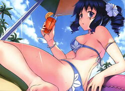  armband barefoot beach bikini blue_eyes blue_hair bracelet breasts butt_crack cloud day drill_hair drink dutch_angle facial_mark facial_tattoo female flower freezing_(series) hair_flower hair_ornament highres jewelry kim_kwang_hyun large_breasts looking_back outdoors palm_tree rana_linchen siddham sideboob sitting sky solo sweat swimsuit tattoo tree tropical_drink umbrella 