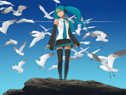  aqua_eyes aqua_hair bird blue_hair day detached_sleeves female flock hatsune_miku kiriman_(souldeep) long_hair necktie seagull skirt sky solo thighhighs twintails vocaloid zettai_ryouiki 