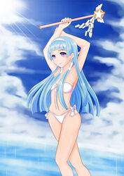  bad_id bad_pixiv_id bikini blue_hair blunt_bangs day female hair_tubes hairband kannagi long_hair nagi_(kannagi) photoshop_(medium) prinz_luzifer purple_eyes solo swimsuit wand white_bikini 