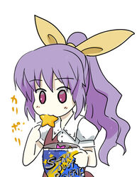  blush commentary_request eating female hair_ornament hair_ribbon high_ponytail long_hair lowres pfalz ponytail purple_eyes purple_hair ribbon silent_sinner_in_blue solo star_(symbol) touhou touhou_bougetsushou translated watatsuki_no_yorihime 