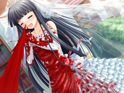  =_= alpha_(yukai_na_nakamatachi) asami_asami bare_shoulders black_hair blood blush book bridal_veil bride closed_eyes dress elbow_gloves excessive_nosebleed female game_cg gloves hayakawa_yuriko long_hair nosebleed open_mouth own_hands_clasped own_hands_together solo tiara veil w.l.o_sekai_ren&#039;ai_kikou wedding_dress 