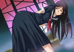  bent_over black_hair female fura kaibutsu_oujo kamura_reiri photoshop_(medium) red_eyes school_uniform solo 