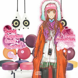  beanie brown_hair coat commentary_request copyright_request digital_media_player earphones female hat ipod ipod_touch long_hair pantyhose scarf shike_naoto solo 