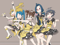  5girls akizuki_ritsuko alternate_hairstyle black_hair blonde_hair blue_hair brown_hair commentary_request dress elbow_gloves glasses gloves hoshii_miki idolmaster idolmaster_(classic) idolmaster_live_for_you! kikuchi_makoto kisaragi_chihaya live_for_venus_(idolmaster) microphone miura_azusa multiple_girls tugeneko 