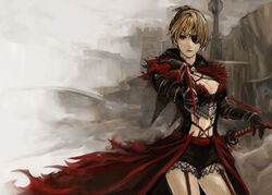  blonde_hair breasts cape cleavage commentary_request eyepatch fantasy_earth_zero female gauntlets gloves katana large_breasts opiu red_eyes sheath sheathed short_hair solo sword weapon 