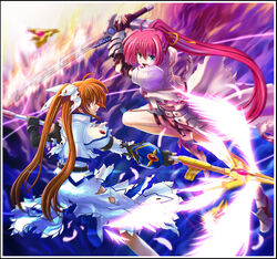  2girls action armor battle commentary_request duel feathers laevatein_(nanoha) long_hair lyrical_nanoha magical_girl mahou_shoujo_lyrical_nanoha mahou_shoujo_lyrical_nanoha_a&#039;s mahou_shoujo_lyrical_nanoha_strikers multiple_girls ponytail raising_heart raising_heart_(blaster_bit) raising_heart_(exceed_mode) signum sword takamachi_nanoha takamachi_nanoha_(exceed_mode) torn_clothes twintails very_long_hair weapon yone 