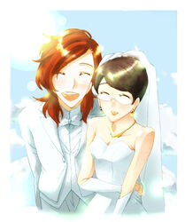  1boy bride brown_hair closed_eyes commentary_request dress earrings female formal glasses gloves good_end gundam gundam_00 jewelry kati_mannequin kuro_haruka_8 necklace patrick_colasour photoshop_(medium) short_hair smile suit wedding wedding_dress 