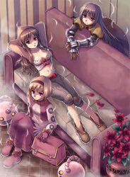  3girls armeyer_dinze armor arms_behind_head arms_up aura bad_id bad_pixiv_id bag bandana bio_lab blonde_hair blue_hair bow bow_bra bra breasts brown_capelet brown_gloves brown_hair brown_hairband brown_jacket brown_shorts brown_skirt brown_vest capelet cleavage closed_mouth couch curtains dagger egnigem_cenia expressionless flower full_body gauntlets gloves hairband holding holding_dagger holding_knife holding_weapon indoors jacket knife leaning_forward long_hair long_sleeves looking_at_viewer lying medium_bangs medium_breasts merchant_(ragnarok_online) metaling midriff monster multiple_girls navel open_mouth petals plant potted_plant purple_hair ragnarok_online red_bow red_eyes red_flower ribbon shaded_face shirt short_hair shorts shrug_(clothing) sitting sitting_sideways skirt smile swordsman_(ragnarok_online) thief_(ragnarok_online) tile_floor tiles underwear vest weapon white_bra white_shirt wickebine_tres yakka yellow_eyes 