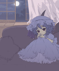  bad_id bad_pixiv_id blue_hair couch curtains female hat highres moon oto photoshop_(medium) red_eyes remilia_scarlet short_hair solo touhou window wings 