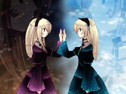  2girls blonde_hair blue_eyes facial_mark gothic_lolita hairband highres holding_hands hortense_(sound_horizon) kokono_coco lolita_fashion long_hair multiple_girls purple_eyes roman_(sound_horizon) siblings sound_horizon symmetry twins violette_(sound_horizon) zoom_layer 