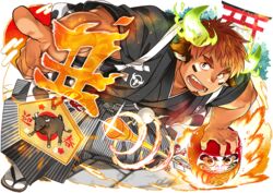  1boy animal_ears arrow_(projectile) bara biceps brown_eyes brown_hair chinese_zodiac cow_boy cow_ears cow_horns dark-skinned_male dark_skin daruma_doll ema eye_black facepaint facial_hair fiery_horns goatee horns japanese_clothes kimono kuro_nezumi_inu large_pectorals male_focus muscular muscular_male native_american new_year obi official_art open_mouth pectorals pointing pointing_at_viewer rope sandals sash shimenawa solo sun tabi thick_thighs thighs third-party_source tokyo_afterschool_summoners torii translated transparent_background wakan_tanka year_of_the_ox zouri 