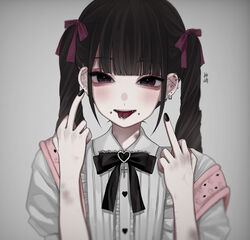  0mdjn0 absurdres aegyo_sal bite_mark black_eyes black_hair blunt_bangs blurry blurry_foreground blush brooch bruise buttons center_frills cheek_piercing collared_shirt cross_ornament curly_hair double_middle_finger ear_piercing earrings fangs female forked_tongue frilled_shirt frills hair_ribbon hands_up heart heart_brooch heart_button hickey highres injury jewelry jirai_kei long_hair looking_at_viewer middle_finger multiple_earrings nail_polish neck_ribbon open_mouth original piercing ribbon shirt short_sleeves smile solo suspenders tongue tongue_out tongue_piercing twintails 