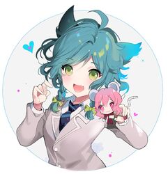  2girls :d :i ahoge animal_ears aqua_hair bang_dream! blazer blue_neckwear bow braid cat_ears commentary crying green_bow green_eyes grey_jacket hairbow hands_up haneoka_school_uniform heart hikawa_hina holding_person jacket kemonomimi_mode kongya maruyama_aya mini_person minigirl mouse_ears mouse_tail multiple_girls necktie oerba_yun_fang open_mouth pink_eyes pink_hair school_uniform short_hair side_braids smile striped striped_necktie symbol-only_commentary tail upper_body 