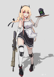  alternate_costume apron artist_name assault_rifle black_footwear blonde_hair boots braid braided_ponytail breasts collapse_fluid_(girls&#039;_frontline) elbow_gloves female full_body girls&#039;_frontline gloves gun headphones highres holding holding_gun holding_tray holding_weapon long_hair looking_at_viewer m4_carbine m4_sopmod_ii m4_sopmod_ii_(girls&#039;_frontline) maid maid_apron multicolored_hair open_mouth red_eyes rifle shadow short_ponytail smile solo ss-7 standing streaked_hair thighhighs thighs tray weapon white_background white_gloves white_thighhighs 