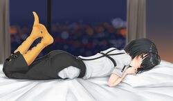  1boy absurdres ass black_hair black_pants blurry blush clothing_cutout curtains depth_of_field eyes_visible_through_hair feet_up from_side frown hair_over_one_eye heart highres indoors karasu_(jjwh2832) knees_together_feet_apart looking_at_viewer lying male_focus mashiro_meme mashiro_meme_(1st_costume) nijisanji no_shoes on_bed on_stomach orange_eyes orange_legwear otoko_no_ko pants pillow shirt short_sleeves side_cutout solo suspenders virtual_youtuber white_shirt window 