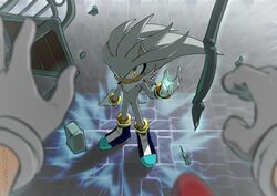  2boys battle boots closed_mouth commentary full_body furry furry_male gloves highres icycream24 looking_at_viewer male_focus multiple_boys pov serious silver_the_hedgehog sonic_(series) sonic_the_hedgehog sonic_the_hedgehog_(2006) standing telekinesis white_gloves yellow_eyes 