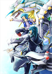  2boys :d aqua_hair closed_mouth commentary_request cyber_end_dragon dragon duel_academy_uniform_(yu-gi-oh!_gx) duel_disk duel_monster green_eyes johan_andersen long_sleeves looking_to_the_side machine male_focus marufuji_ryo multiple_boys non-humanoid_robot open_mouth pants photoshop_(medium) punching raimkoubo rainbow_dragon robot robot_dragon smile standing yu-gi-oh! yu-gi-oh!_gx 