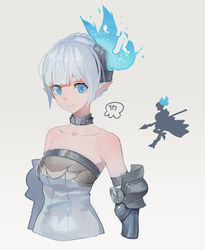  blue_eyes blue_fire braid breasts character_request closed_mouth collarbone commentary_request cropped_torso dress female fire gauntlets grey_background grey_dress highres looking_at_viewer pixiv_fantasia pixiv_fantasia_last_saga pointy_ears silhouette small_breasts solo strapless strapless_dress upper_body uusquid white_hair 