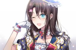  ;d bang_dream! blush character_hair_ornament collarbone commentary_request detached_collar female frilled_shirt_collar frills gloves hair_between_eyes hair_ornament hairclip hat michelle_(bang_dream!) neck_ribbon nennen okusawa_misaki one_eye_closed open_mouth polka_dot red_ribbon ribbon smile solo upper_body white_gloves 