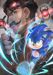  2boys animal_nose beard bright_pupils commentary_request dr._eggman facial_hair fingerless_gloves furry furry_male gloves goggles goggles_on_head green_eyes grin highres licking looking_at_viewer male_focus moustache multiple_boys myuutau_tadakichi red_footwear robot running shoes smile sneakers sonic_(live_action) sonic_(series) sonic_the_hedgehog sonic_the_hedgehog_(film) tongue tongue_out white_gloves white_pupils 