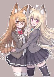  2girls absurdres animal_ear_fluff animal_ears black_legwear blonde_hair breasts brown_background brown_eyes brown_hair brown_jacket cat_ears cat_girl cat_tail dog_ears dog_girl dog_tail dress_shirt glasses hand_on_another&#039;s_hip highres izayoi_cha jacket long_hair long_sleeves looking_at_viewer marika_(zeddaru) miniskirt multiple_girls original pleated_skirt red_eyes shirt simple_background skirt small_breasts smile tail thighhighs v white_legwear white_shirt zettai_ryouiki 