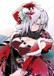  blue_eyes box breasts christmas cleavage commentary_request commission erotunabe female fingerless_gloves fur_trim gift gift_box girls&#039;_frontline gloves grey_hair hair_over_one_eye highres holding holding_mistletoe large_breasts looking_at_viewer mg5_(crimson_guardian)_(girls&#039;_frontline) mg5_(girls&#039;_frontline) mistletoe official_alternate_costume red_gloves scarf short_hair skeb_commission smile solo 