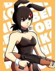  absurdres ak-47 animal_ears assault_rifle black_bow black_bowtie black_hair bow bowtie breasts chainsaw_man character_name detached_collar fake_animal_ears female gun hair_ornament hairclip higashiyama_kobeni highres holding holding_gun holding_weapon kalashnikov_rifle kermittend leotard looking_to_the_side medium_breasts medium_hair pantyhose playboy_bunny rabbit_ears rifle short_ponytail simple_background single_sidelock solo strapless strapless_leotard swept_bangs weapon wrist_cuffs yellow_background 