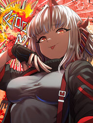  :p antenna_hair arknights black_gloves black_jacket breasts closed_mouth explosion female fingerless_gloves gloves grey_hair grey_shirt hand_on_own_chest highres horns impossible_clothes impossible_shirt jacket large_breasts long_sleeves looking_at_viewer multicolored_hair open_clothes open_jacket orange_eyes red_hair samacho shirt smile solo tongue tongue_out two-tone_hair upper_body w_(arknights) 