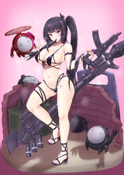  architect_(girls&#039;_frontline) armband bare_shoulders bikini black_bikini black_footwear black_hair blunt_bangs blush breasts cleavage collarbone facial_mark feet female full_body girls&#039;_frontline goliath_(girls&#039;_frontline) hair_ornament heart heart_facial_mark high_heels highres jewelry large_breasts long_hair looking_at_viewer nail_polish navel non-humanoid_robot pink_background pink_nails popoman purple_eyes ring robot sangvis_ferri side_ponytail sideboob swimsuit thigh_strap thighs toenail_polish toenails toes tongue tongue_out weapon 