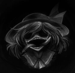  commentary eye_socket female greyscale guuchama hat horror_(theme) komeiji_koishi monochrome multiple_tongues open_mouth solo touhou 