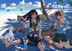  2boys 2girls barefoot beach black_hair box brown_hair cloud commentary crossed_legs cumulonimbus_cloud feline gen_(sonny_boy) highres long_hair mac_naut mizuho_(sonny_boy) multiple_boys multiple_girls nagara_(sonny_boy) nozomi_(sonny_boy) ocean outdoors palm_tree rajdhani_(sonny_boy) revision sakura_(sonny_boy) scenery school_uniform shadow short_hair sitting skirt soles sonny_boy spread_legs summer tora_(sonny_boy) towel tree water_gun 