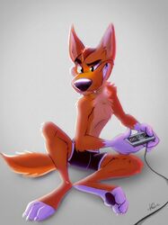  anthro bottomwear boxers_(clothing) canid canine canis clothing dingo gaming hi_res juneduck21 male mammal nintendo nintendo_entertainment_system playing_video_game shorts solo underwear 