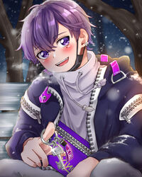  1boy bench hatoka_ra5 highres male_focus open_clothes open_mouth purple_eyes purple_hair shima_(utaite) shirt simple_background smile snow solo urashimasakatasen utaite 